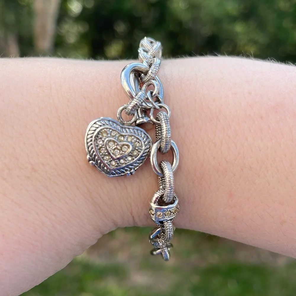 Vintage 925 Textured Silver Heart and Cubic Zirconia Toggle Bracelet